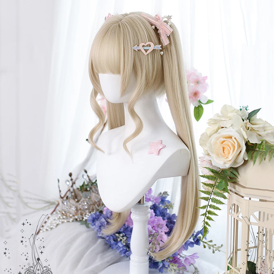 OLACARE Synthetic Long Wavy Curly Ponytail Lolita Wig with Bangs Girl Cute Ombre Blonde Cosplay Party Halloween Harajuku Wig