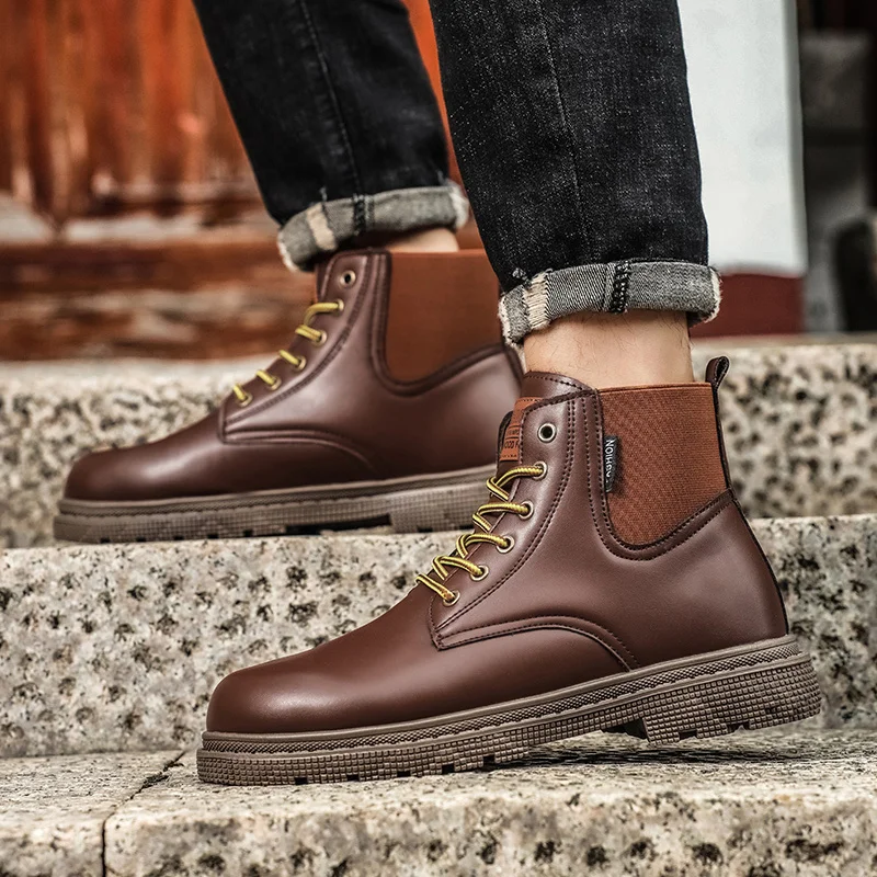Autumn Winter Couple Leather Ankle Boots Classic Brown Work Boots For Men Comfort Anti-slip Men Outdoor Botas Para Hombre