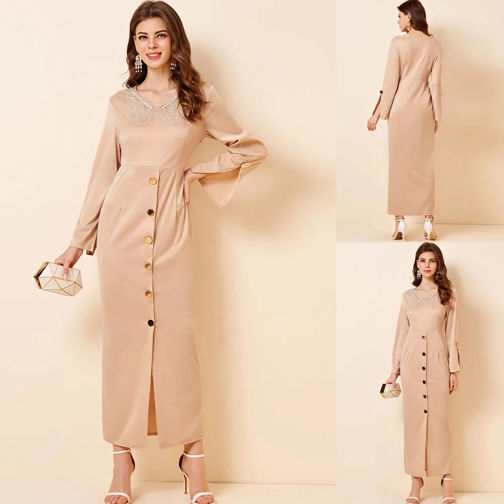 

Abaya Women Long Sleeve Maxi Dress Muslim Kaftan Dubai Buttons Robe Lace Collar Casual Arab Gown Islamic Clothing Eid Ramadan