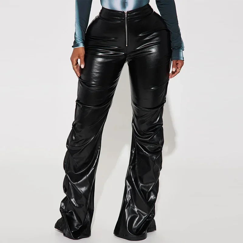 Women Black PU Leather Stacked Pants Zip-Up High Waist Slim Pleated Tight Straight Trousers Casual All Match Bottoms Streetwear