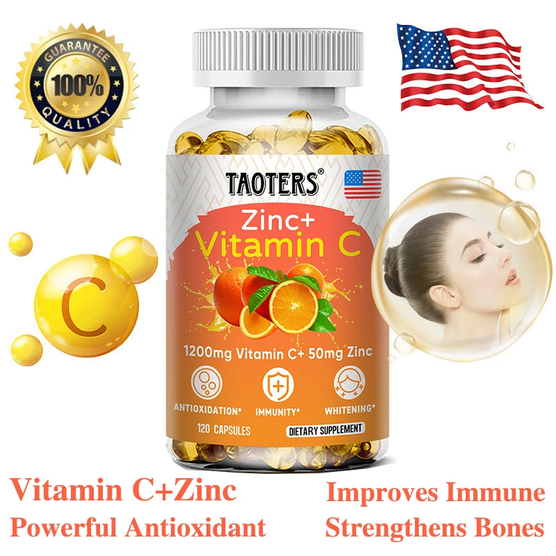 

Zinc + Vitamin C Supplement - Antioxidant, Boosts Immune System, Improves Vision, Heart Health, Strengthens Teeth, Gums & Bones