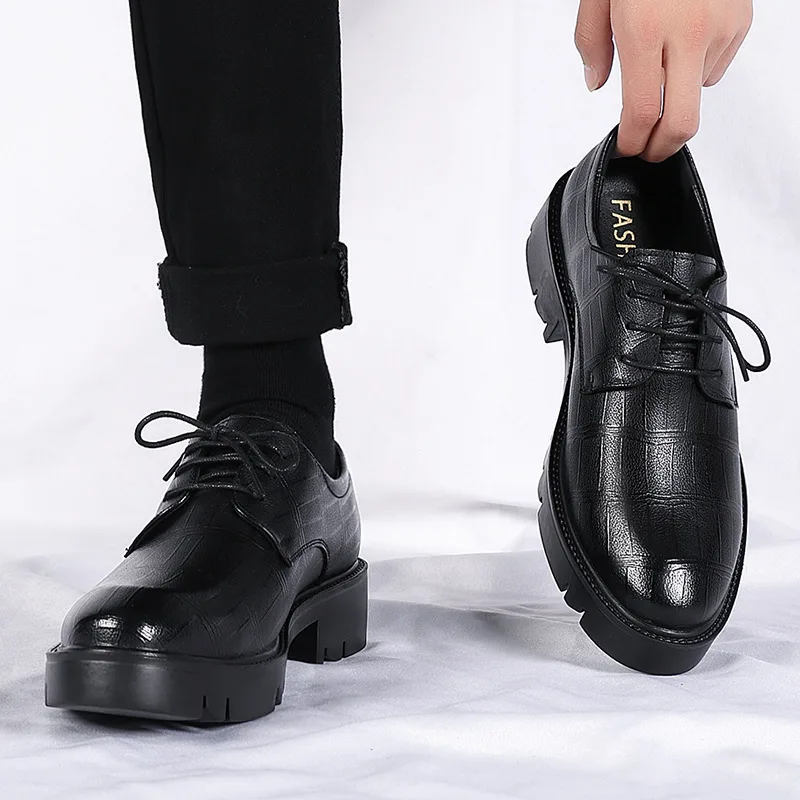 

37-44 Mens Cow Leather Dress Shoes Spring Autumn Lace-up Get Married Business Height Increase 5cm Male Footwear Hy96