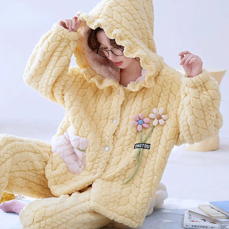 2024 New Autumn Winter Pajama Women's Flannel Hooded Thick Fleece Korean Version Student Coral Fleece Loungewear Warm Pajama