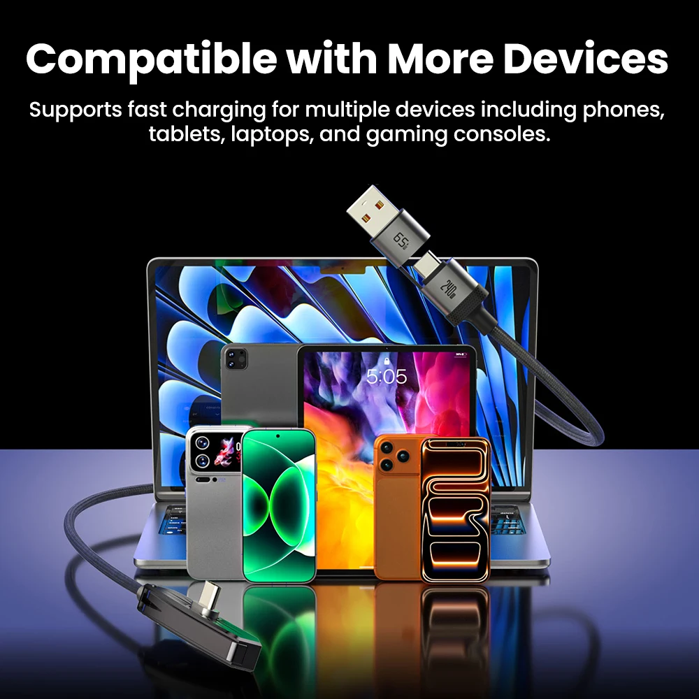 2-in-1 USB + 타입 C 240W 고속 충전 케이블 (접이식 홀더 포함) 타입-C 퀵차지 라인 USB 휴대폰 거치대 충전 케이블