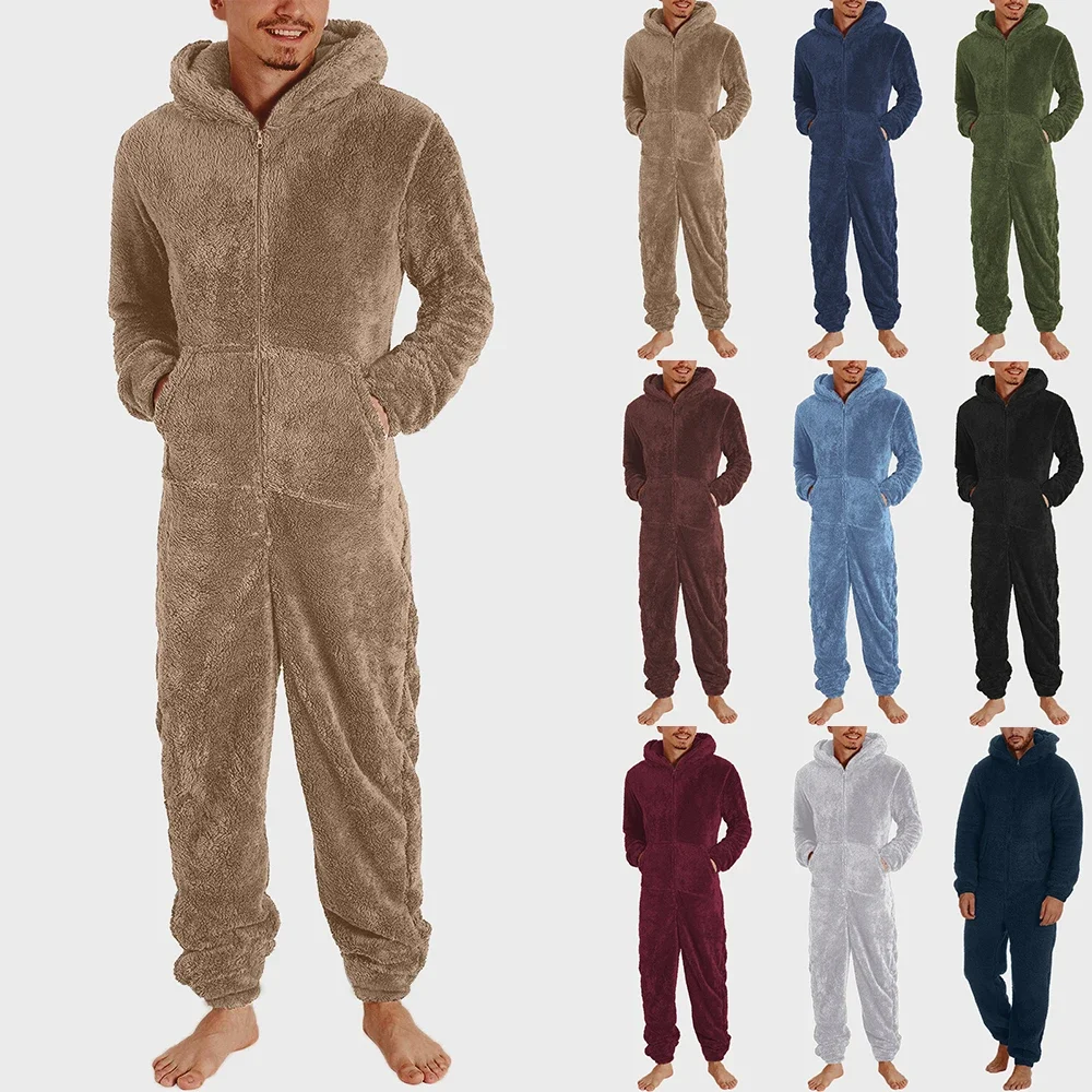 Men New Thick Warm Hooded Pajamas Winter Adult Casual Jumpsuits Couple Zipper Fleece Slim Sleepwear Nightgown Youth Loungewear