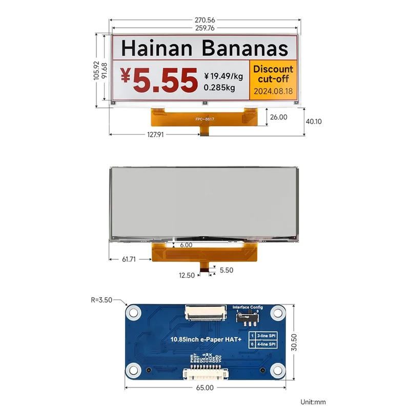 Raspberry Pi 10.85인치 전자 종이 디스플레이 HAT SPI 인터페이스 고해상도 1360X 480 경량 및 저전력 소비-N34R