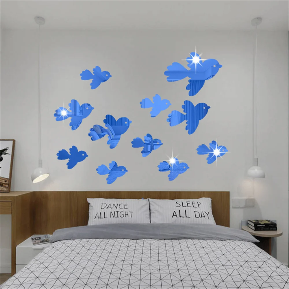 1set/12pcs 3D Little Bird Stickers Mirror Surface Decals DIY Self-adhesive Wall Art Mirror Stickers Home Decoration Mural Gift