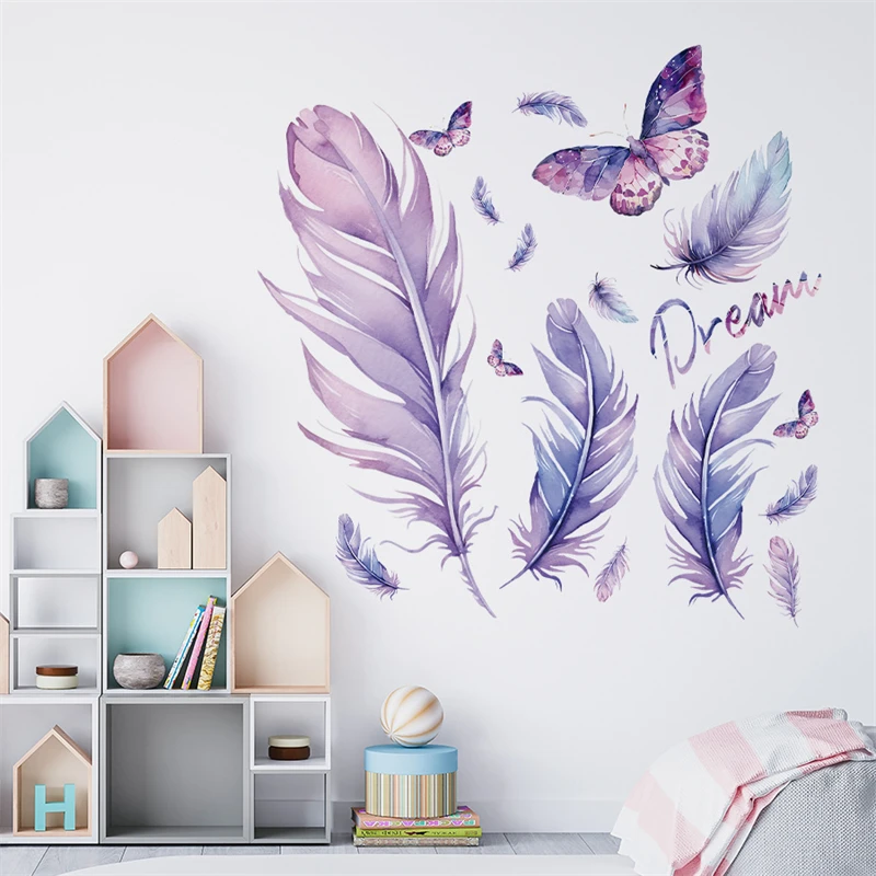 Wall Stickers Purple Feather Butterfly Wall Stickers for Living Room
