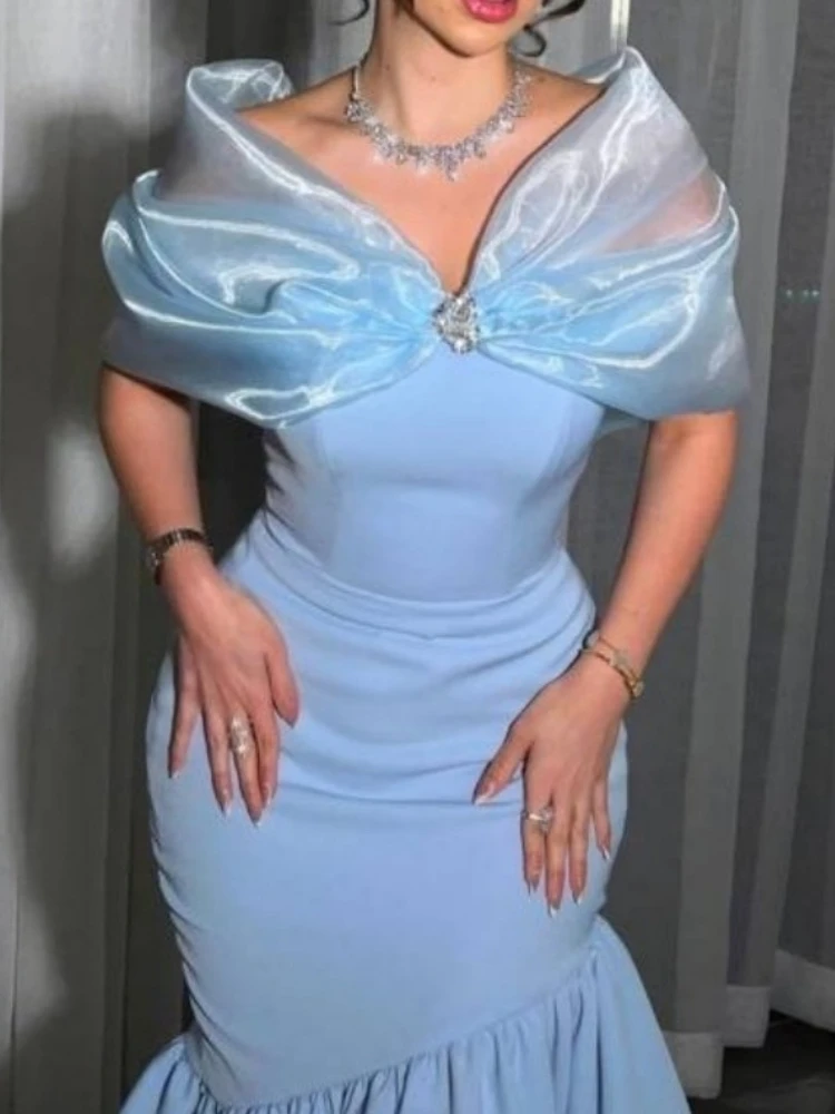 Elegante lange Abendkleider für Frauen, kalte Schulter, Organza, Patchwork, hohe Taille, Paket, Hüfte, Fischschwanz, Rüschen, Cocktail-Outfits – Detail 5