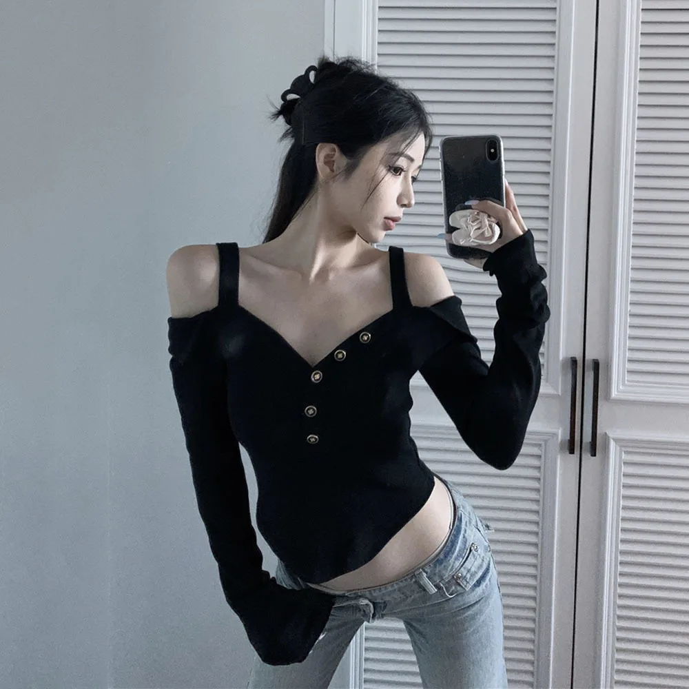 

Sexy Spicy Girl Long Sleeve T-shirt For Women Autumn Off Shoulder Tight Short Tops Ladies Fashion Black Slim Tees Ropa De Mujer