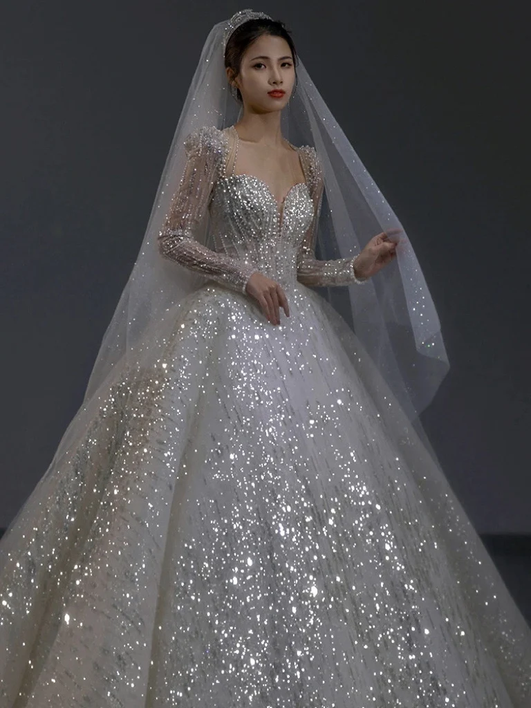 

Luxury Wedding Dresses Sequined Tulle Bow A Line Lace Up Pearl Sweep Train Long Sleeves Sweetheart Shiny Sequins Bridal Gowns