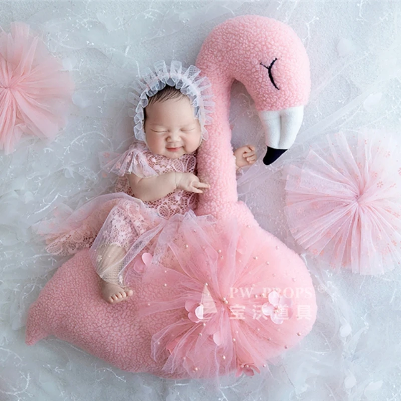 Newborn Baby Photography Props Floral Backdrop Cute Pink Flamingo Posing Doll Outfits Set Accessories Studio Shooting Photo Prop newborn baby photography props vintage floral theme backdrop wrap artificial flowers headband posing iron trolley photo props