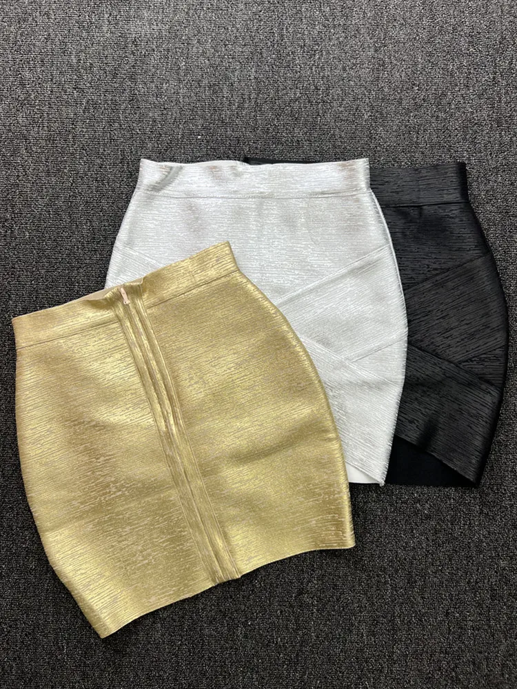 40CM Mini Short Elastic Bronzing Bandage Skirt Women Sexy Bodycon Asymmetric Pencil Skirts High Street Going Out Club Party 2