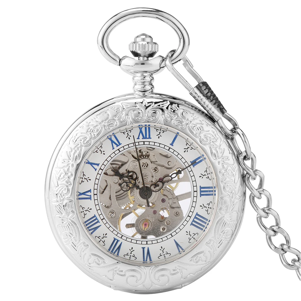 The Silvery Pocket Watch features a mechanical movement, skeleton dial, blue Roman numerals on a white face, and comes with an attached chain.