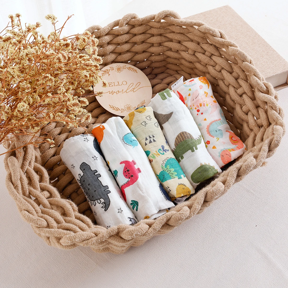HappyFlute New Combined Dinosaur Print 5Pcs/set Muslin Swaddle Feeding Burp Cloth Newborn Soft Bamboo Cotton Fabric Blanket Wipe