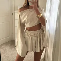 Solid Beach Short Sets Women Fashion Off The Shoulder Crop Top and Mini Shorts Outfits Summer Casual Loose Holiday Two Piece Set