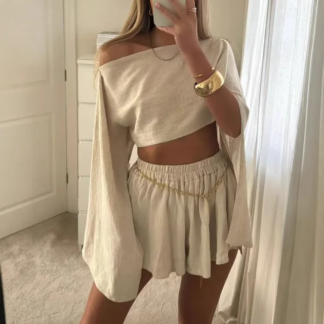 Solid Beach Short Sets Women Fashion Off The Shoulder Crop Top and Mini Shorts Outfits Summer Casual Loose Holiday Two Piece Set