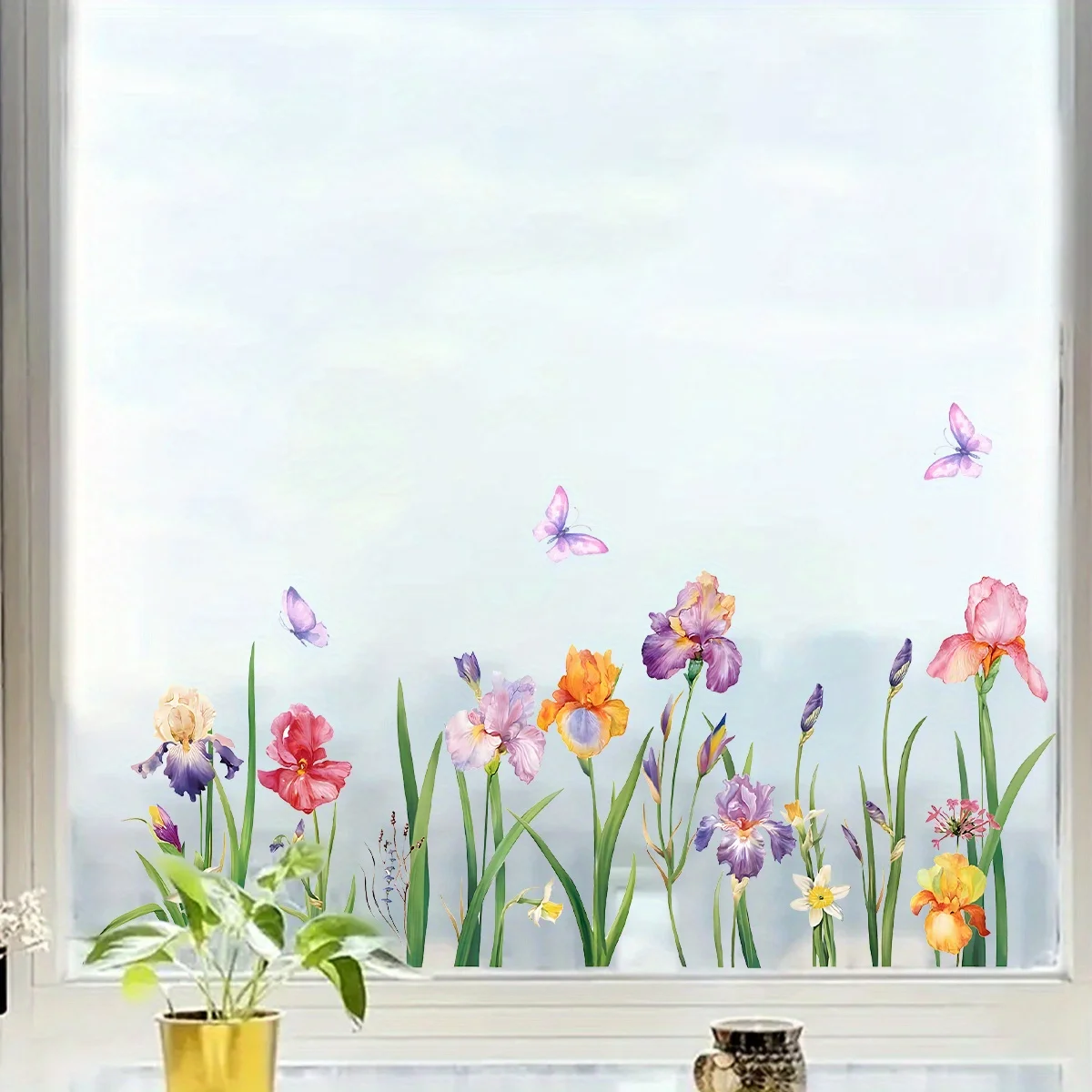Watercolor Colored Flowers Butterflies Plants Window Stickers Removable for Bedroom Living Room Nursery Decoration Wall Decal wall stickers,window stickers