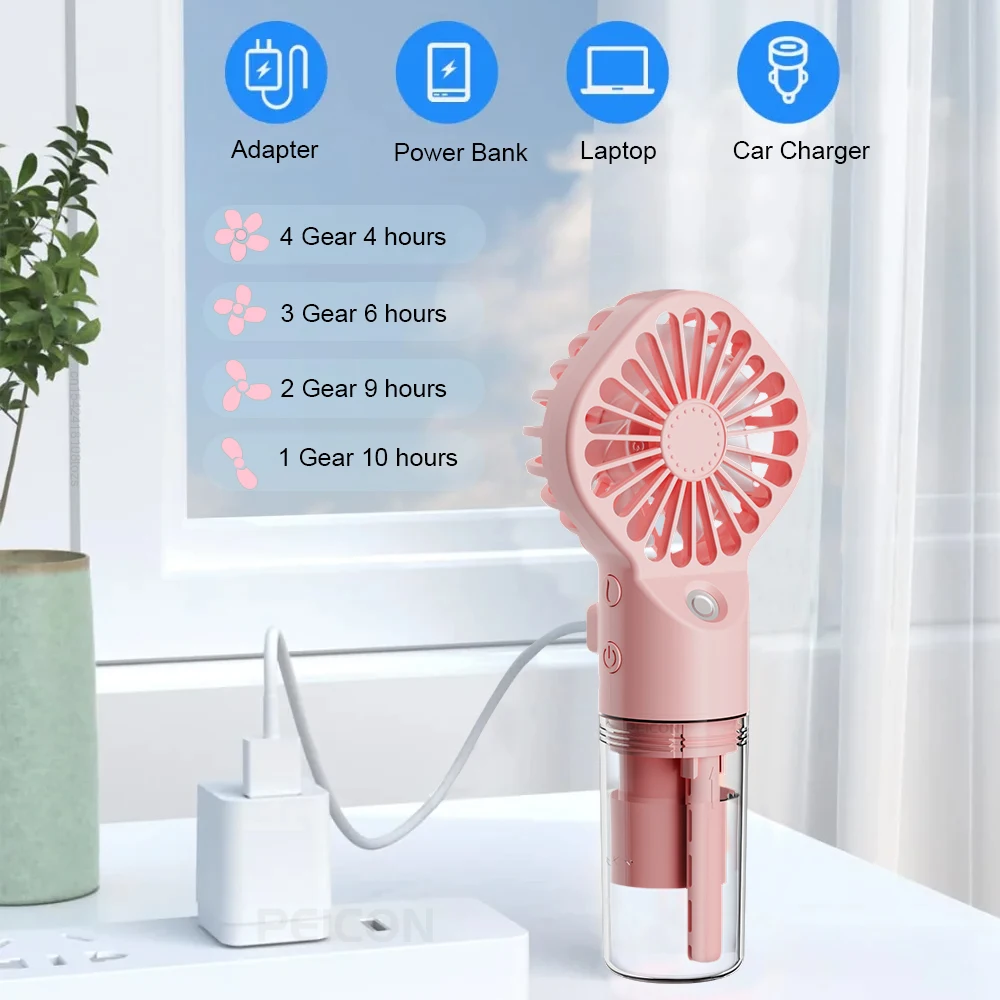 Compact USB Rechargeable Mist Fan - Handheld Low Noise Cooling with 4-Speed Settings
