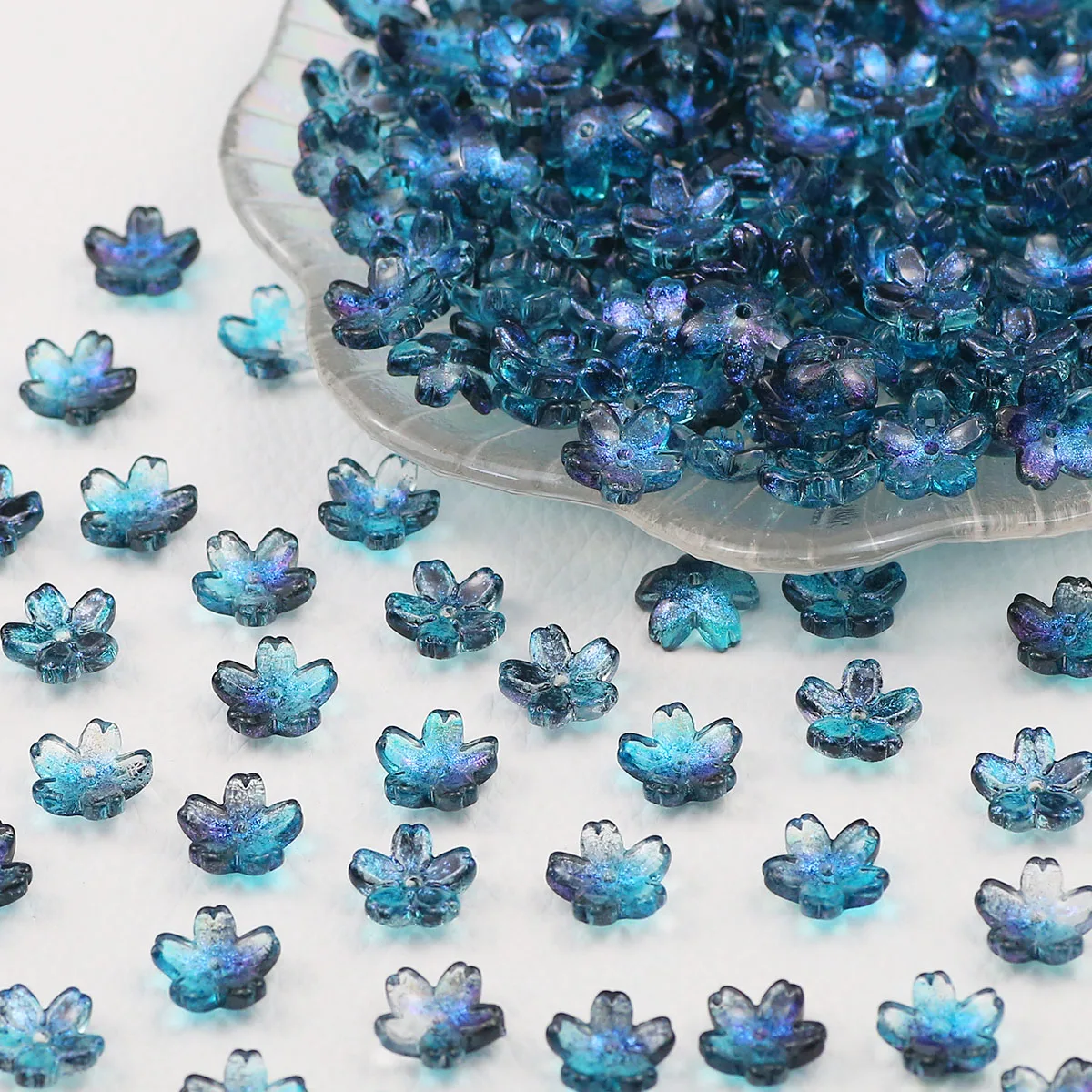 Handcrafted Cherry Blossom Glass Beads – 12mm, Blue Hole Accents, DIY Jewelry Making Supplies