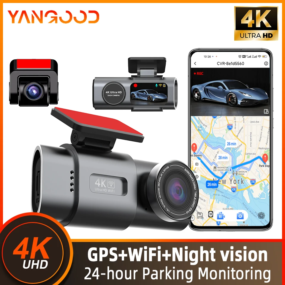양굿 4K 듀얼 채널 듀얼 렌즈 블랙박스, 야간 시야 확보 WIFI GPS 24시간 주차 모니터링 차량용 비디오 레코더