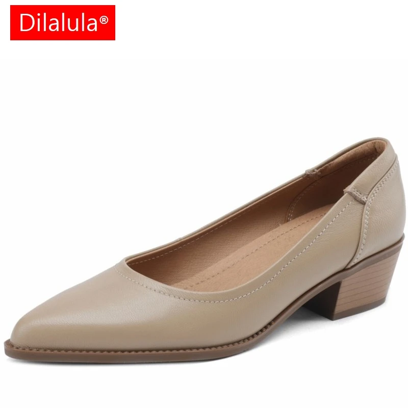 

Dilalula Vintage Thick Heels Women Pumps Retro Genuine Leather Mature Pointed Toe Office Lady Working Spring Summer Shoes Woman