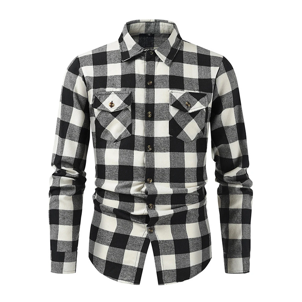 Male Mens Tops Spring Winter Lapel Long Sleeve Outdoor Plaid Slim Vintage Wear-resistant Buttons Commuter Comfy