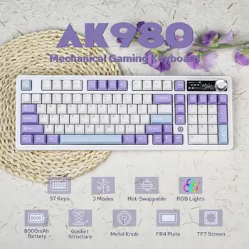 AJAZZ AK980 Mechanical Keyboard, 2.9cm TFT Screen, Volume Knob, 98-Key Gasket Structure, RGB Lighting, Hot-Swappable FR4 PCB