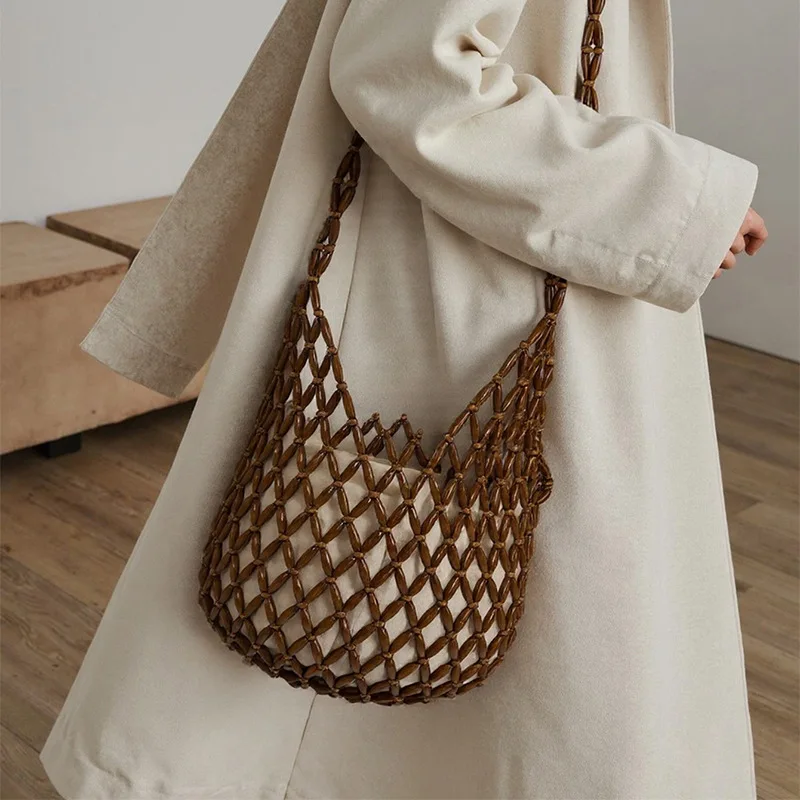 Wooden Beading Hollow-out Tote Bag for Holiday Travels Date Handmade Beaded Shoulder Bag Casual Beach Handbag for Women