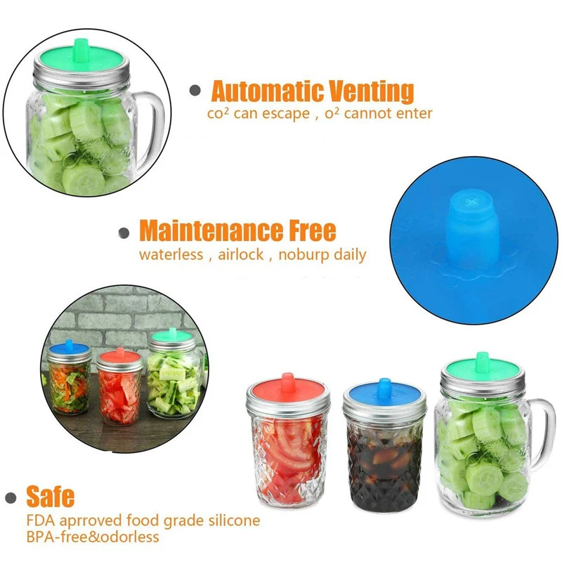 Silicone Waterless Fermenting Airlock Lids Covers Stainless Steel Band for Wide Mouth Mason Jar Sealed Lid 5PCS kitchen utensils kitchen supplies
