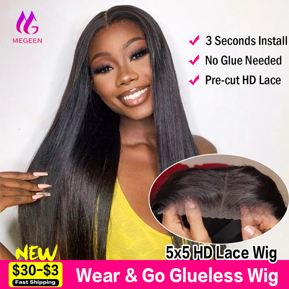 

5x5 5x7 13x4 Wear Go Glueless Wig Human Hair Ready To Wear Megeen Straight Pre Bleached Invisible Knots Hd Transparent Lace wig