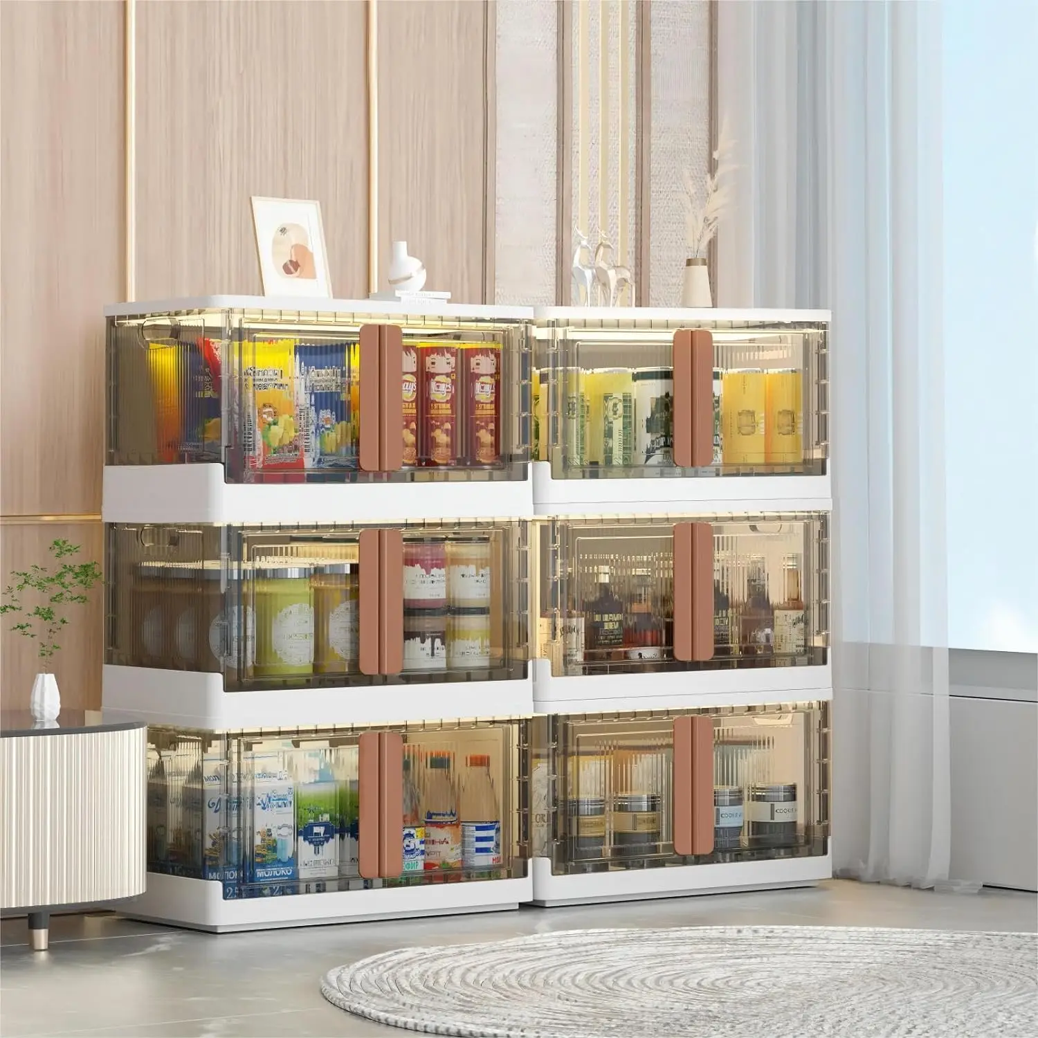 

6 Pack Storage Bins with Lids - 8.4 Gallon Stackable Storage Bins. Collapsible Storage Bins with Wheels and Door