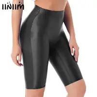 Womens Gymnastics Swim Shorts Glossy High Waist Shorts Elastic Waistband Short Leggings Swimwear Workout Sports Bottoms