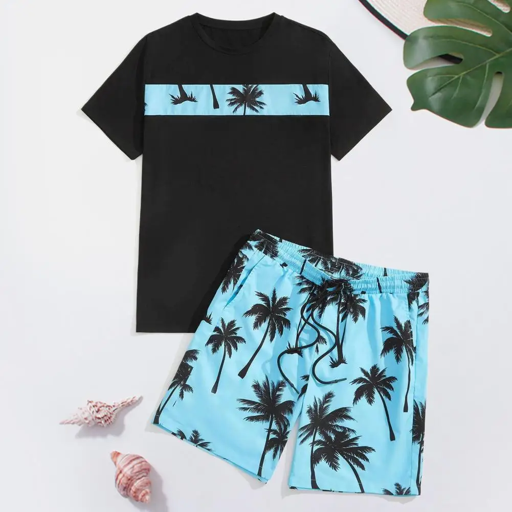 

Sports Suit Men's Summer Coconut Tree Print T-shirt Wide Leg Shorts Set For Beach Outfit With Loose Fit Elastic Waist 2pcs/set
