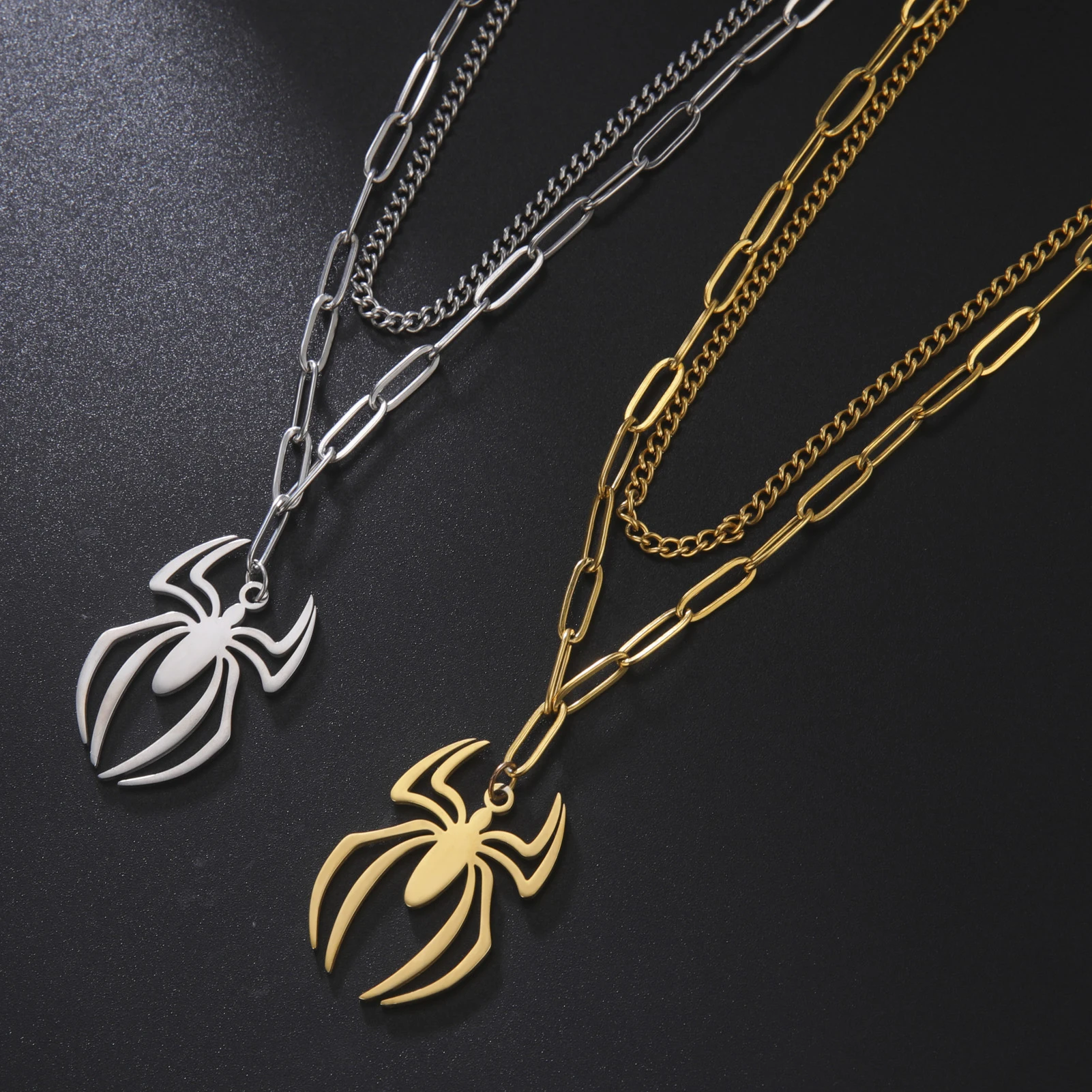 Skyrim Punk Spider Pendant Necklace for Women Men Stainless Steel Double Layer Collar Necklace Hip Hop Tiers Jewelry Gift_voghion.com