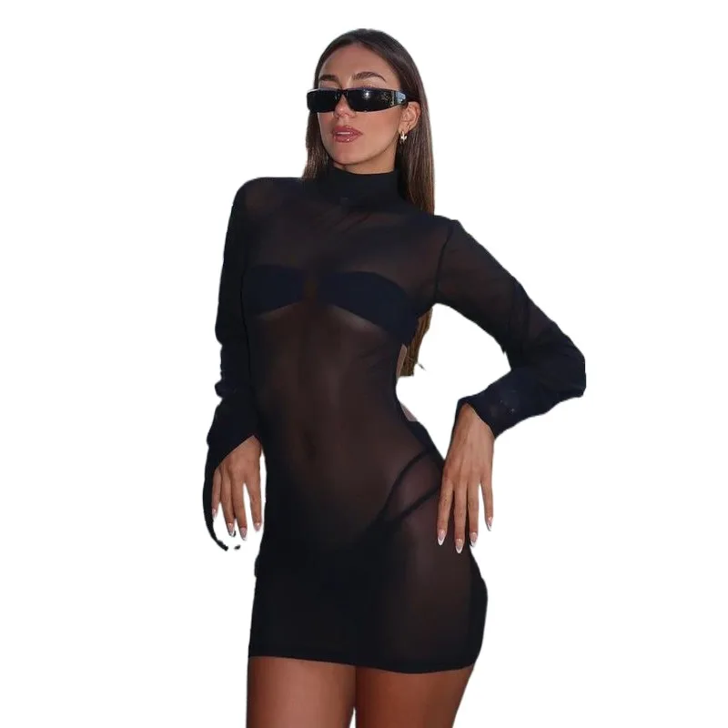 

Europe And America 2023 Summer New Women's Fashion Sexy Mesh Flare Sleeves Open Back Perspective Dress