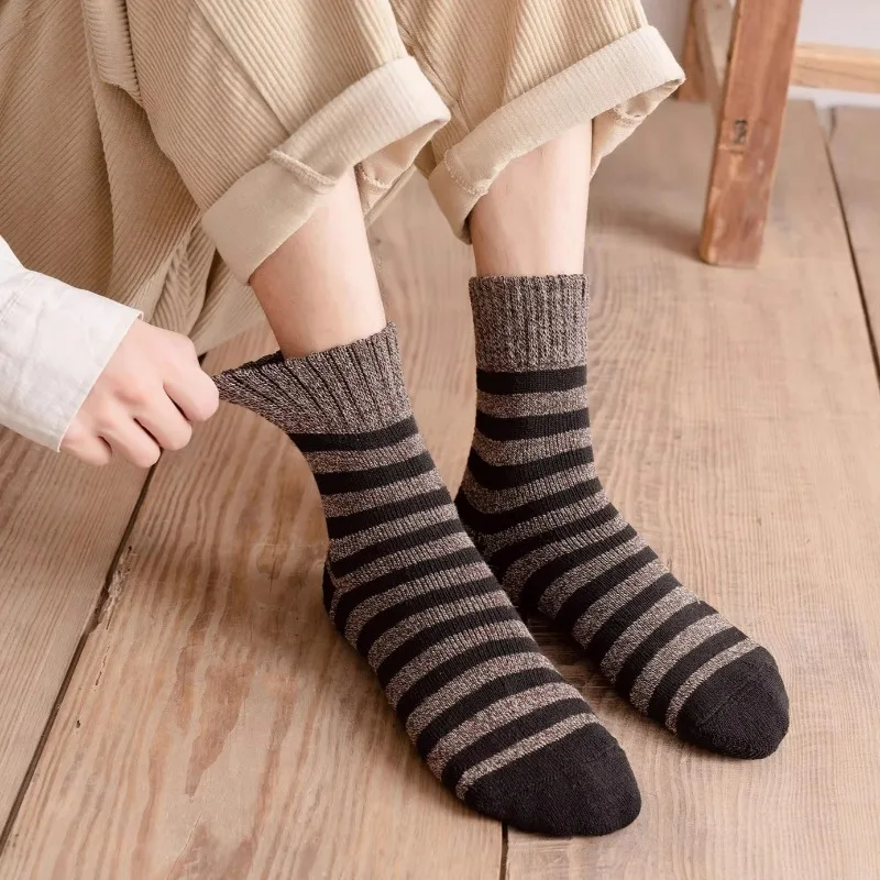 Winter Thick Warm Sock Cold Resistant Black Stripe Cashmere Mid Length Socks Autumn Outdoor Sturdy Breathable Thermal Hosiery