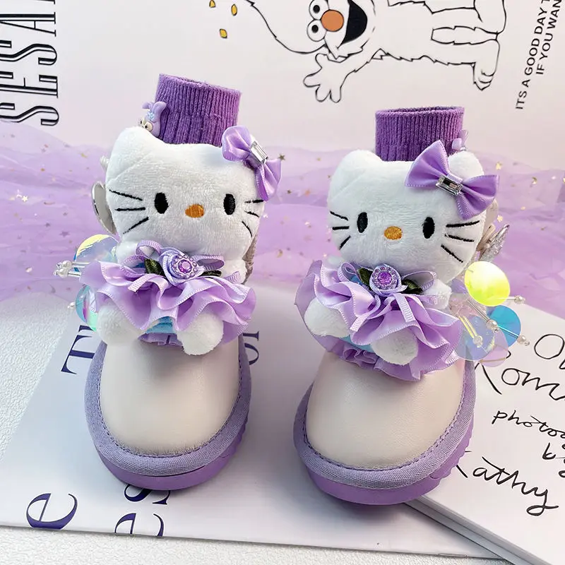

Kawaii Sanrios Hello Kitty Autumn and Winter Child Snow Boots Girl Waterproof and Anti-Slip Plush Fleece for Warmth Short Boots