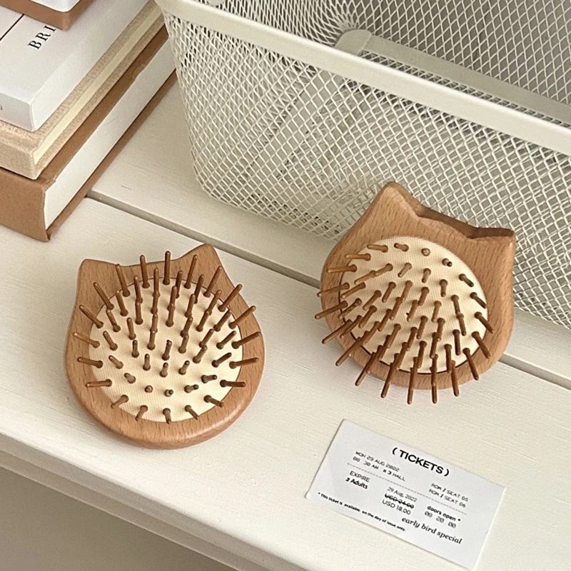 귀여운 고양이 자오선 마사지 빗, 머리 이완 마사지 에어 쿠션 빗, 샌달우드 휴대용 에어백 빗, 두피 헤어 케어 빗