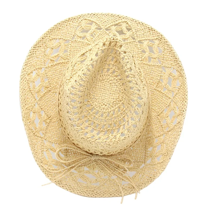 Men Women Western Cowboy Hats Summer Outdoor Hand-Woven Straw Hollowed Wide-brimmed Hat Breathable Beach Jazz Cap Sunhat