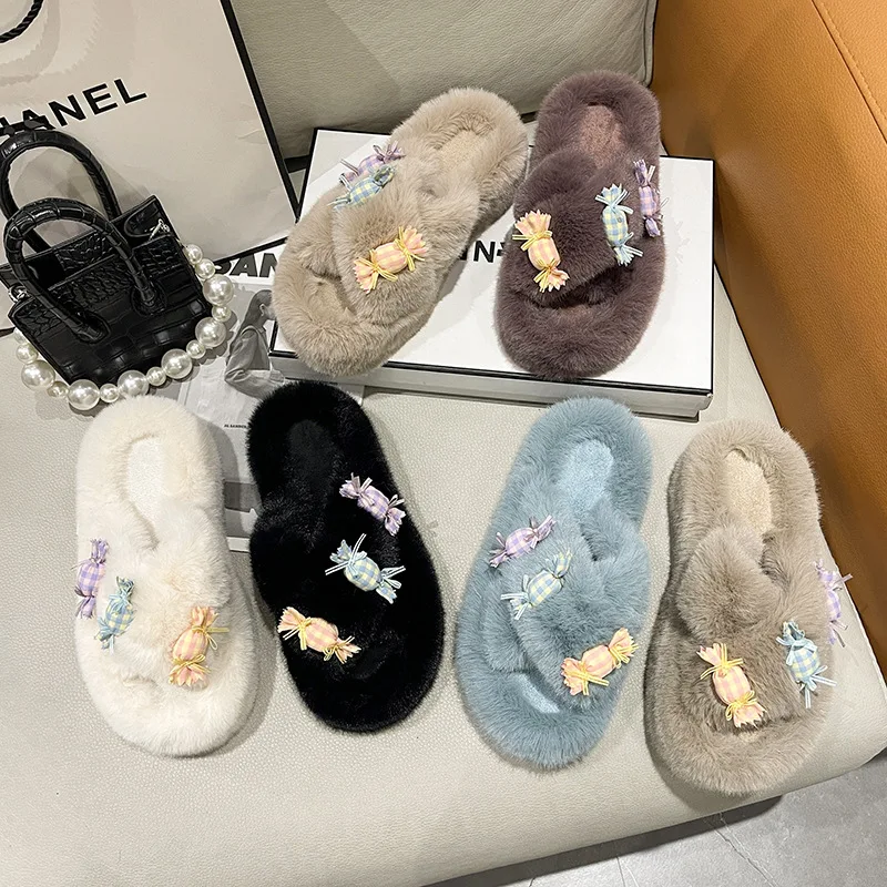 Fluffy Slippers Women Shoes Insect Decor Gold Color Sandals Ladies Flip Flops Furry Winter Luxury Slippers Casual Indoor 2022