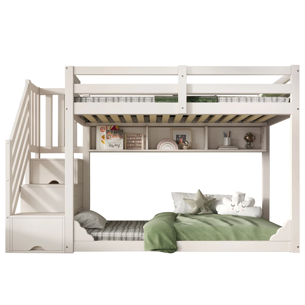 Childrens Bunk Bed with Staircase 90x200cm Wood Storage Bed Space-saving No Mattress