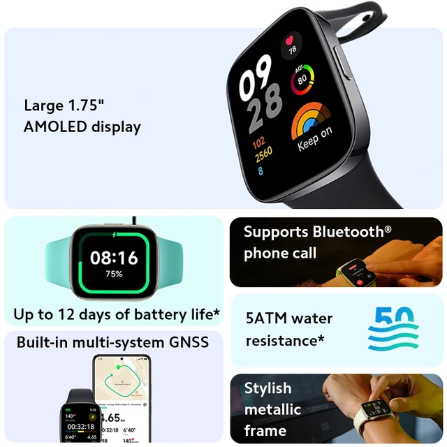 Xiaomi Redmi Smart Watch 3, 1.75 Inch AMOLED Touch Display, 5ATM Water  Resistant, 12 Days Battery Life, GPS, 120 Workout Mode, Heart Rate Monitor