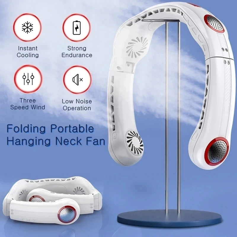 New Motors Foldable Hanging Neck Fan 5000mAh USB Rechargeable Portable Air Cooler Mini Electric Bladeless Neckband Fan