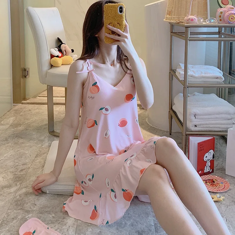 Sexy Women Nightgowns Milky Silk Nightdress Female SleepDress Cartoon Sleepwear Sleeveless Nightwear Homewear Housewear Pajama