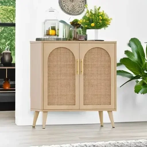 New2025-Rattan Storage Cabinet with Doors, Accent Bathroom Floor Cabinet, Modern Sideboard Buffet Cabinet for Living Room, Entry