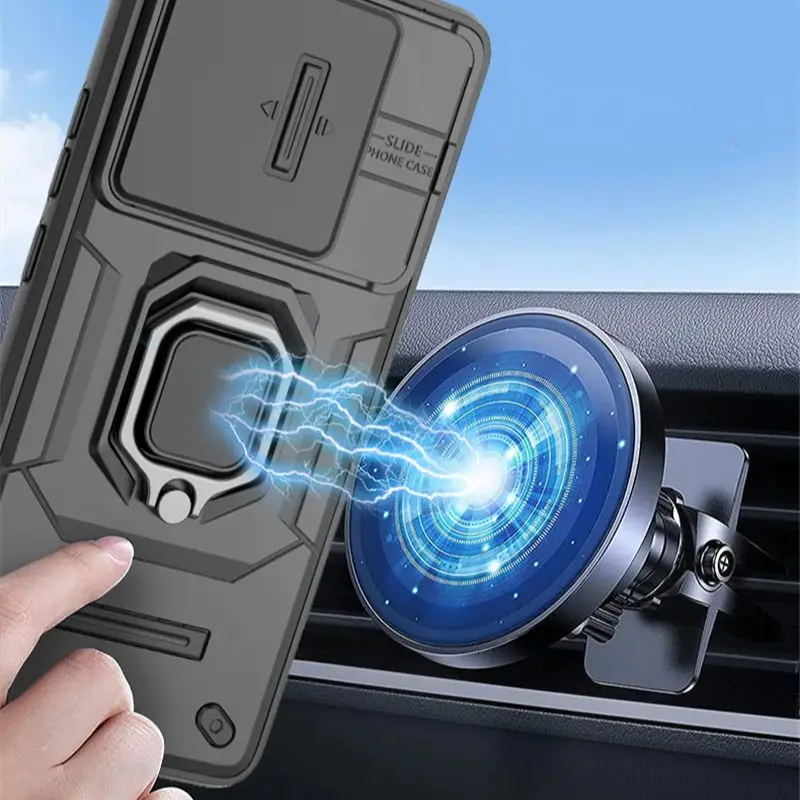 Slide Lens Armor Phone Case with Magnetic Holder - Durable Back Cover