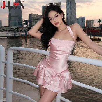 JHJN Pink Sexy Women Mini Dress Halter Lace Camisole Skirt Backless Big Bow Frock Hottie Ruffles Vestido Solid Slim A-Line Gown 1