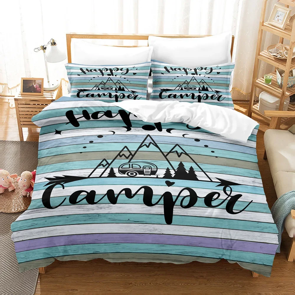 3pcs Happy Camper Pattern Printed Bedding Set, Suitable For Teenagers And Adult's Bedroom, Camping, 1*Duvet Cover+2*Pillowcase