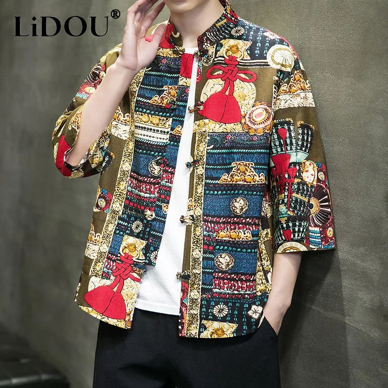 

2023 Summer New Stand Collar Printing Single Breasted Three Quarter Shirt Man Chinese Style Cotton Hemp Loose Fashion Cardigan